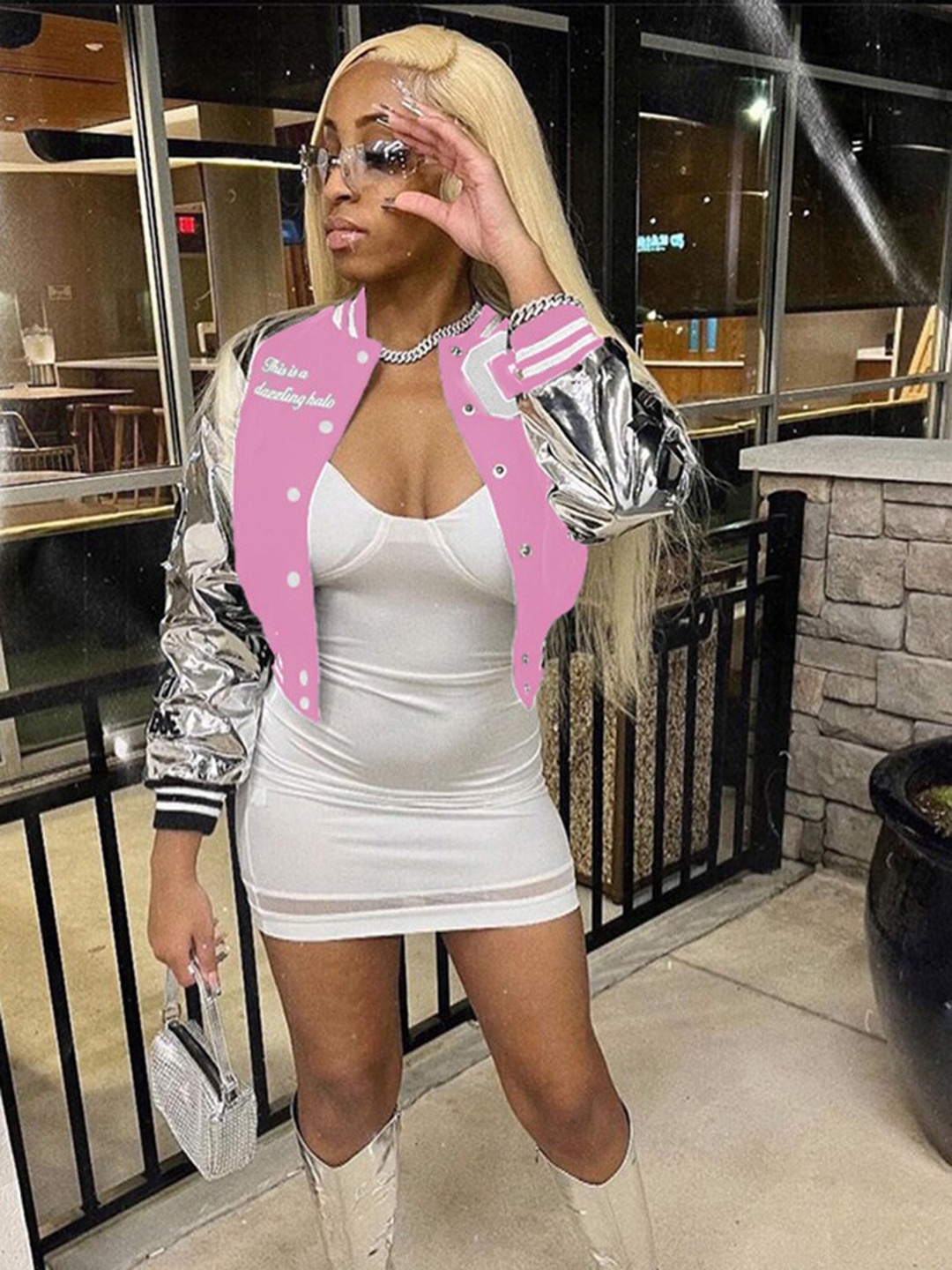 

StyleCast Pink Mock Collar Crop Varcity Jacket