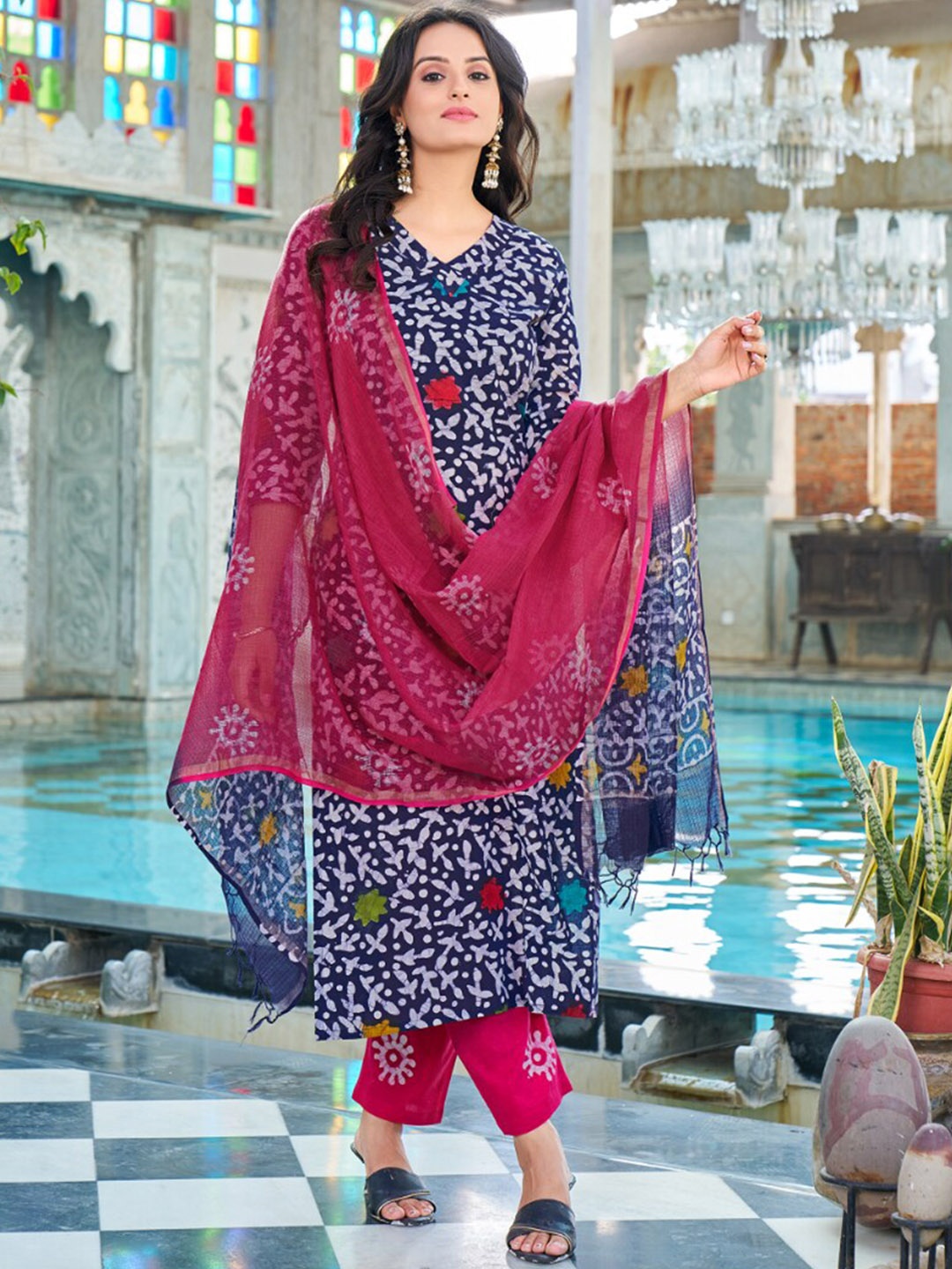 

KALINI Printed Kurta With Trousers & Dupatta, Blue