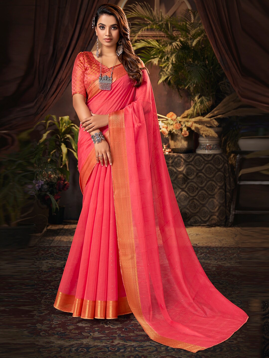 

SANSKAR Embellished Sequined Zari Organza Saree, Orange