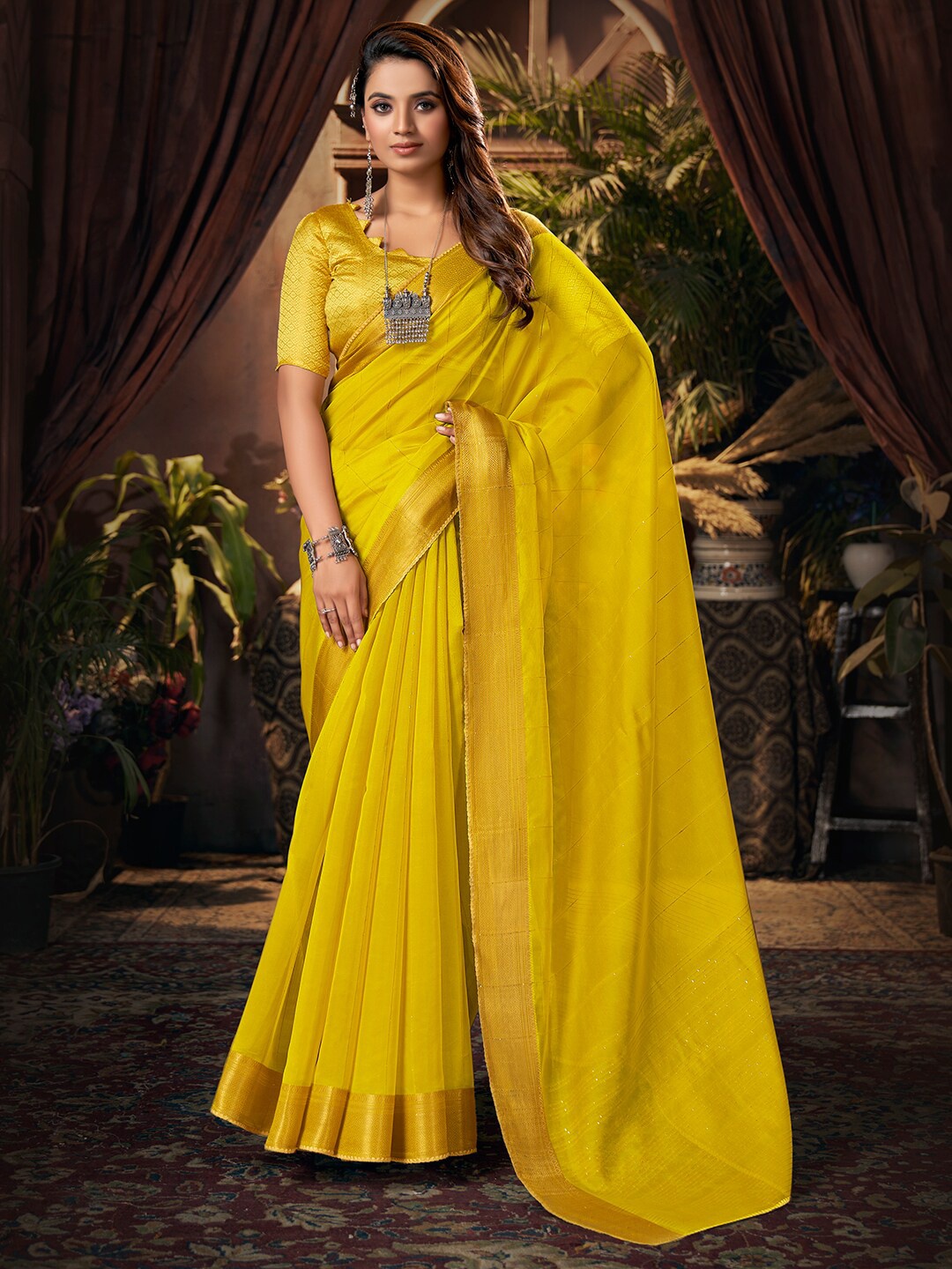 

SANSKAR Striped Zari Organza Saree, Yellow