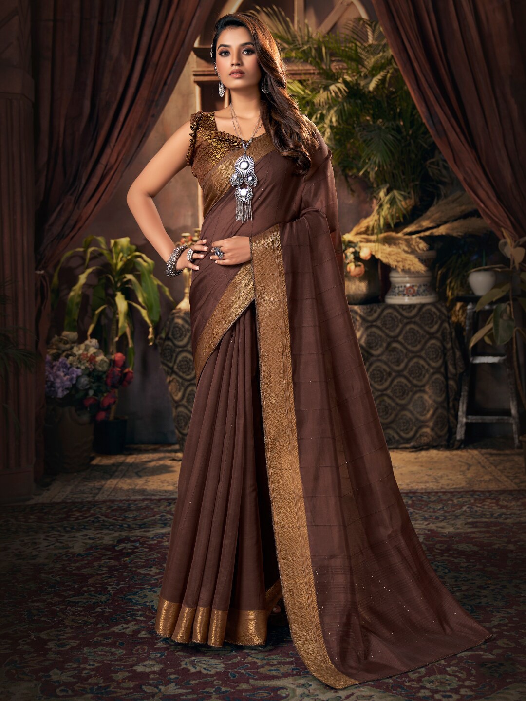 

SANSKAR Striped Zari Organza Saree, Brown
