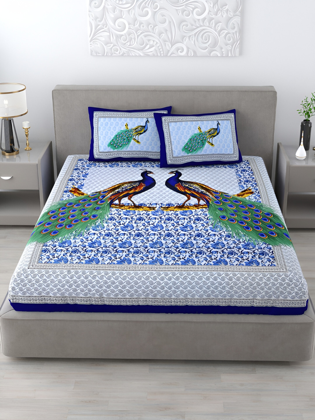 

Homez Sparrow Blue Ethnic Motifs Cotton 120 TC Queen Bedsheet with 2 Pillow Covers