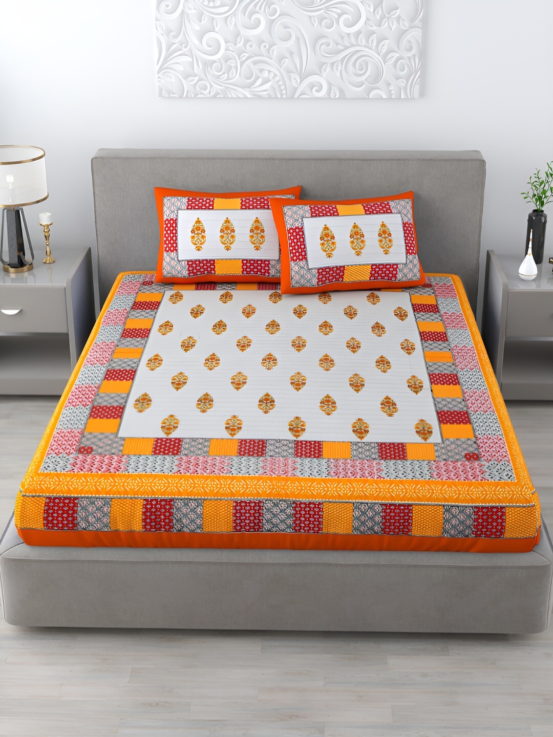 

Homez Sparrow Yellow Ethnic Motifs Cotton 120 TC Queen Bedsheet With 2 Pillow Covers