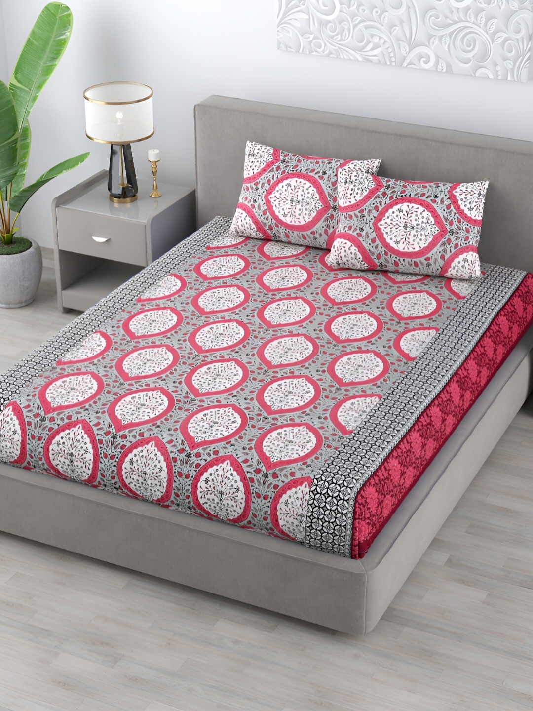 

Homez Sparrow Grey & Pink Ethnic Motifs Cotton 120 TC Queen Bedsheet with 2 Pillow Covers