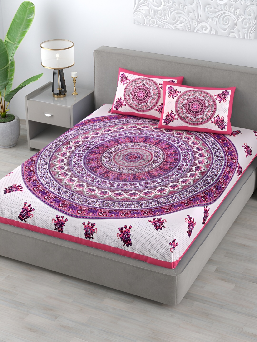 

Homez Sparrow White & Pink Ethnic Motifs Cotton 120 TC Queen Bedsheet With 2 Pillow Covers