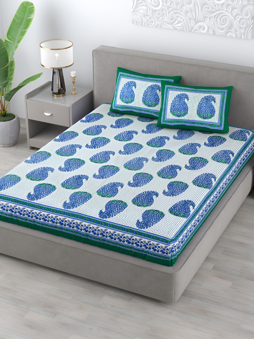 

Homez Sparrow White & Blue Ethnic Motifs Cotton 120 TC Queen Bedsheet with 2 Pillow Covers