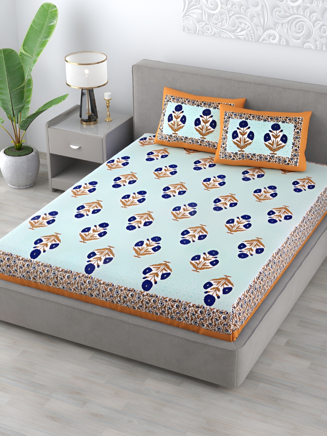 

Homez Sparrow Blue & Yellow Floral Cotton 120 TC Queen Bedsheet With 2 Pillow Covers