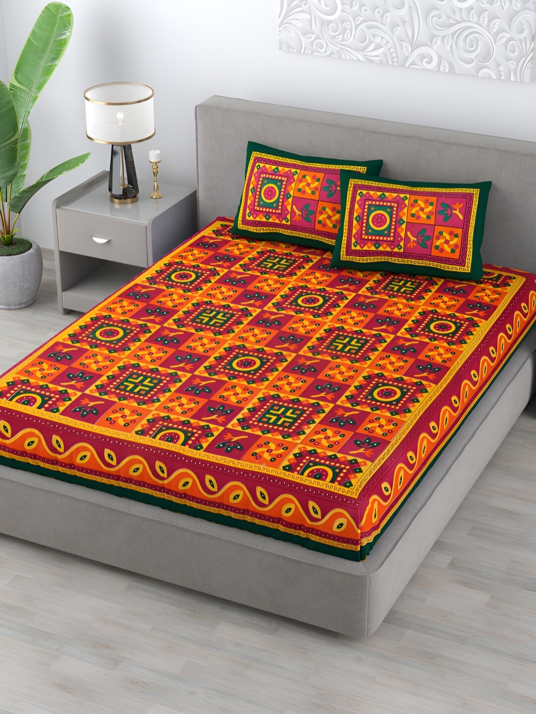 

Homez Sparrow Orange & Red Ethnic Motifs Cotton 120 TC Queen Bedsheet With 2 Pillow Covers