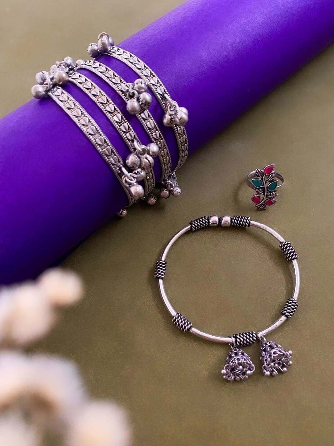 

ATIBELLE Set of 3 German Silver Plated & Stone Studded Jewellery Set