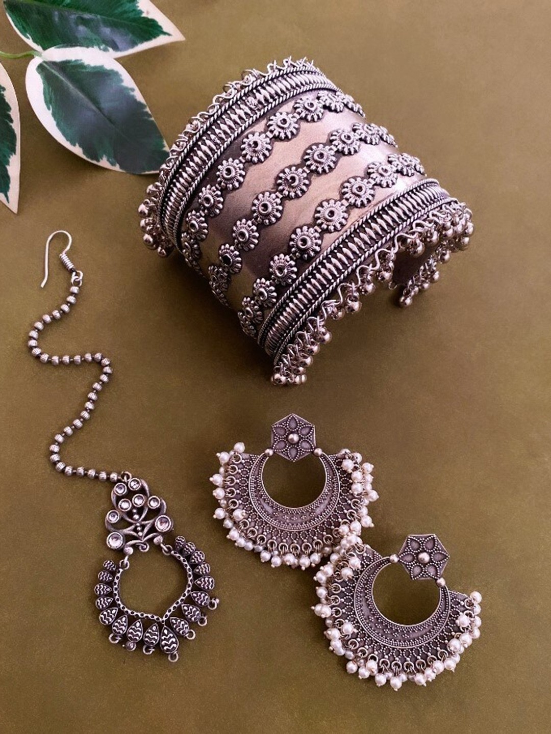 

ATIBELLE Set Of 3 Silver Plated & Beads Studded Maang Tika Earrings & Bangle