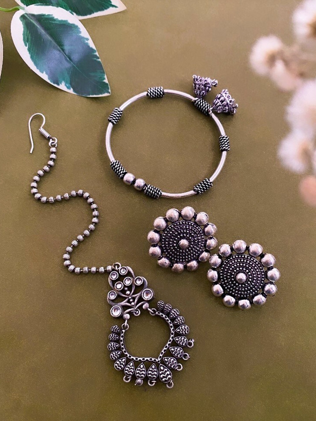 

ATIBELLE Set Of 3 German Silver Plated & Floral Shaped Earrings maangtikka & Bangles