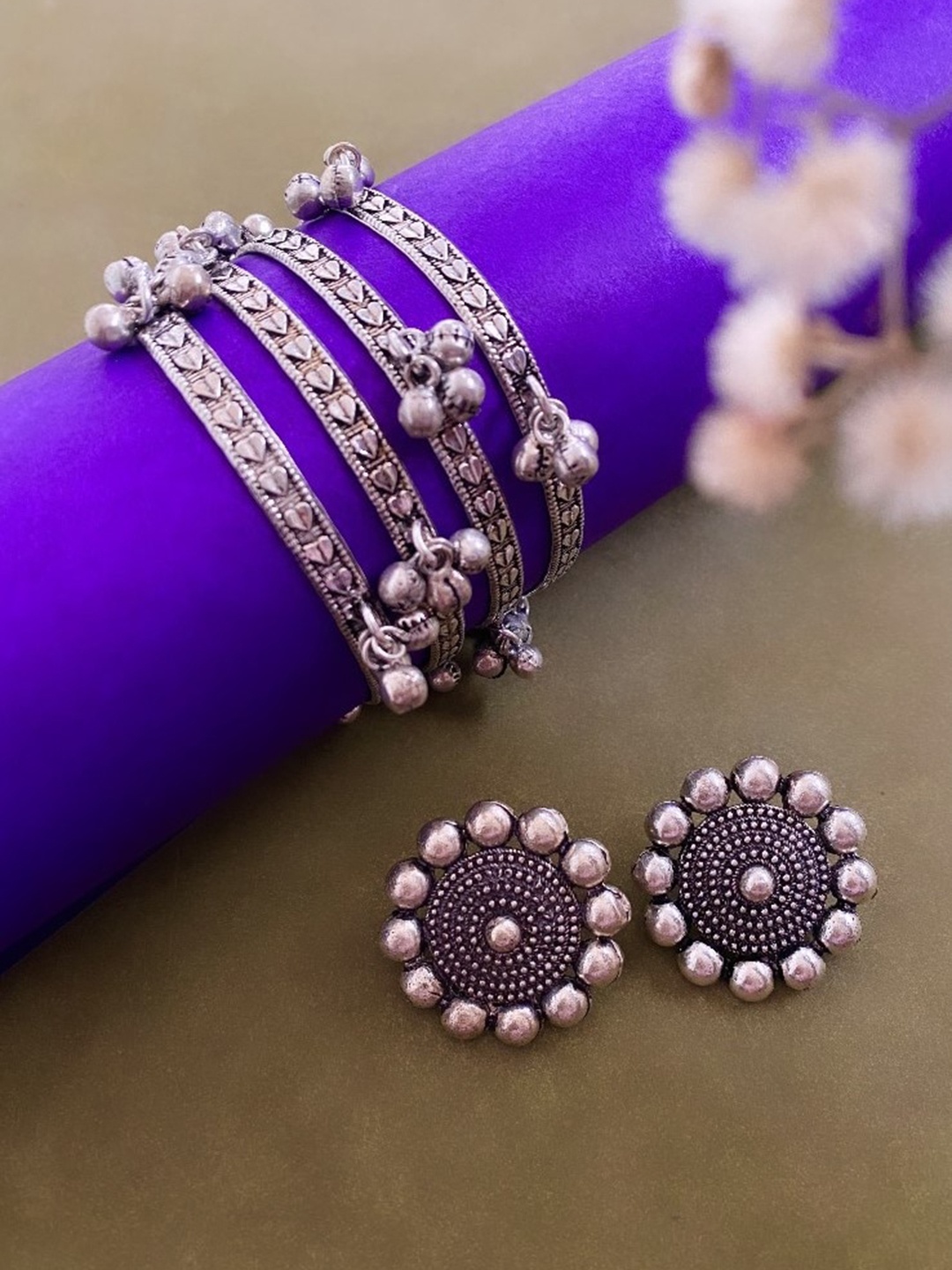 

ATIBELLE Set of 2 German Silver Plated & Floral Shaped Stone-Studded Jewellery Set