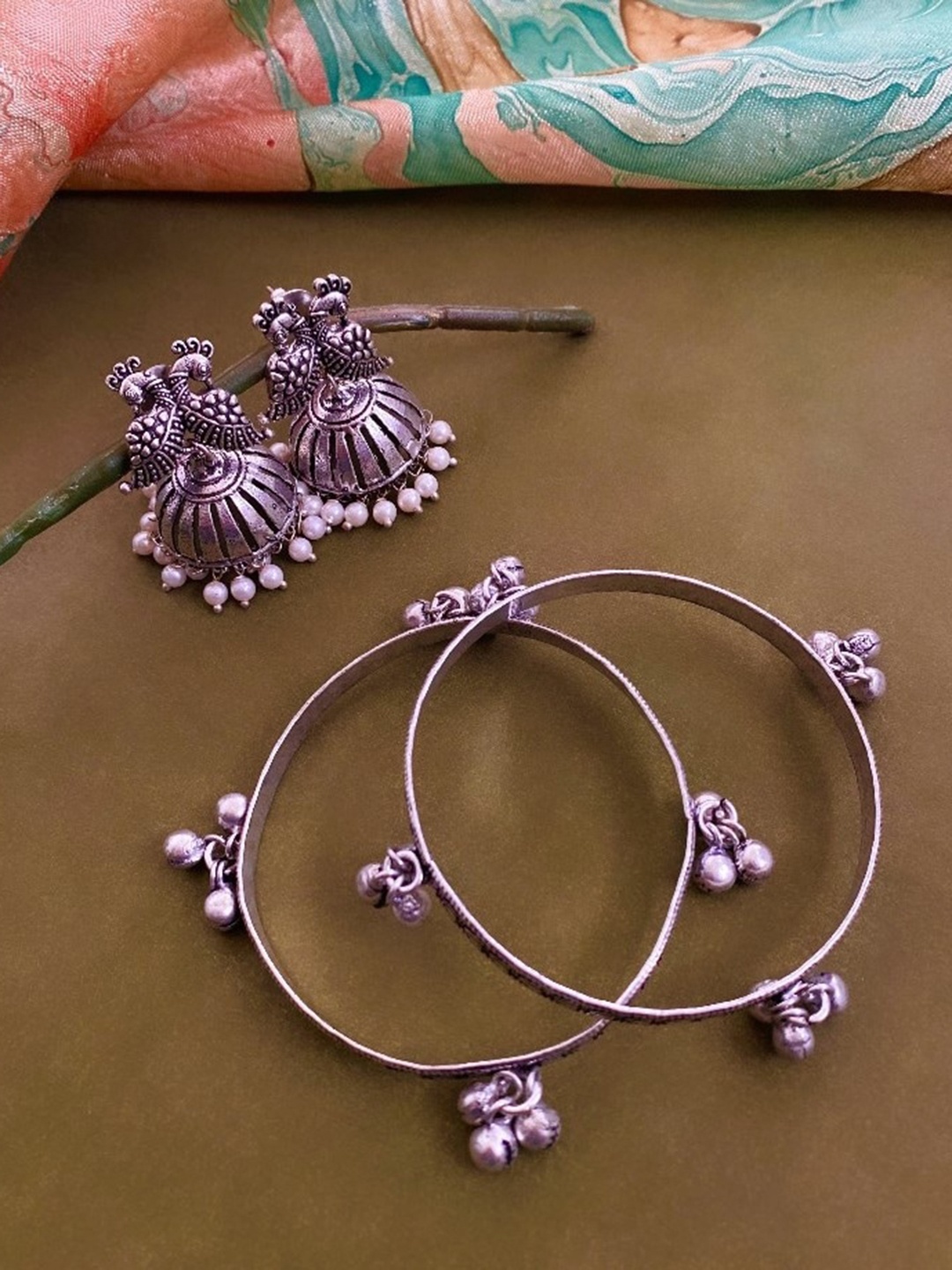 

ATIBELLE Set of 2 German Silver Plated & Peacock Shaped Jewellery Set