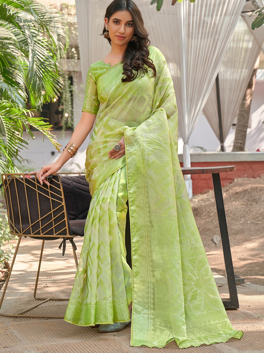 

SANSKAR Ethnic Motifs Foil Printed Organza Silk Brasso Saree, Green