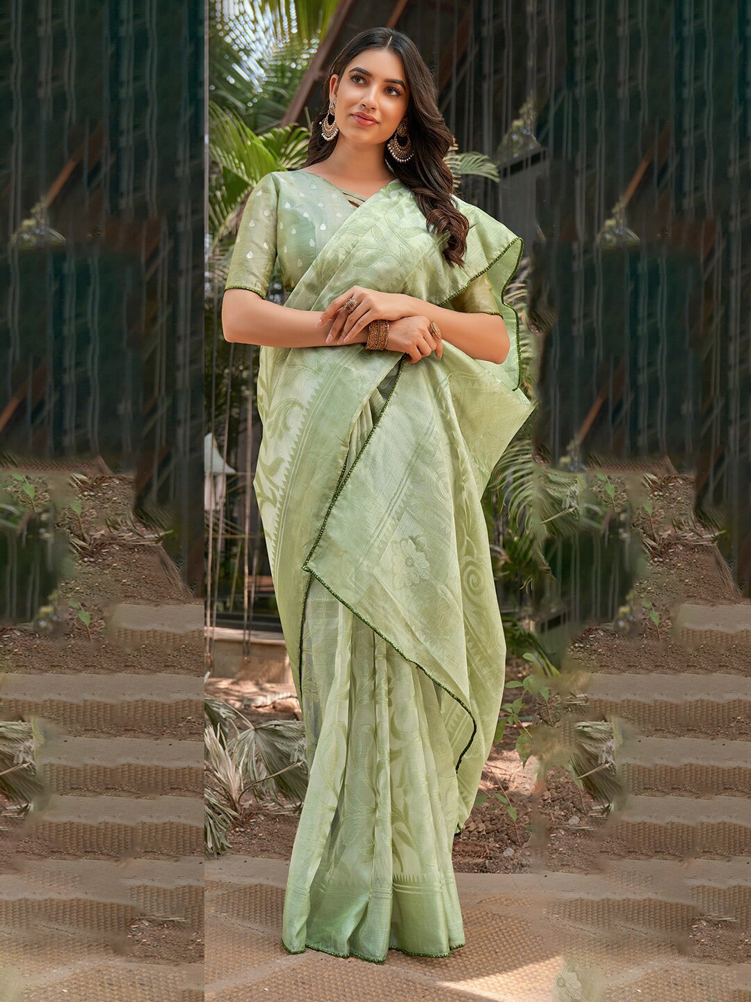 

SANSKAR Woven Design Foil Printed Brasso Saree, Green