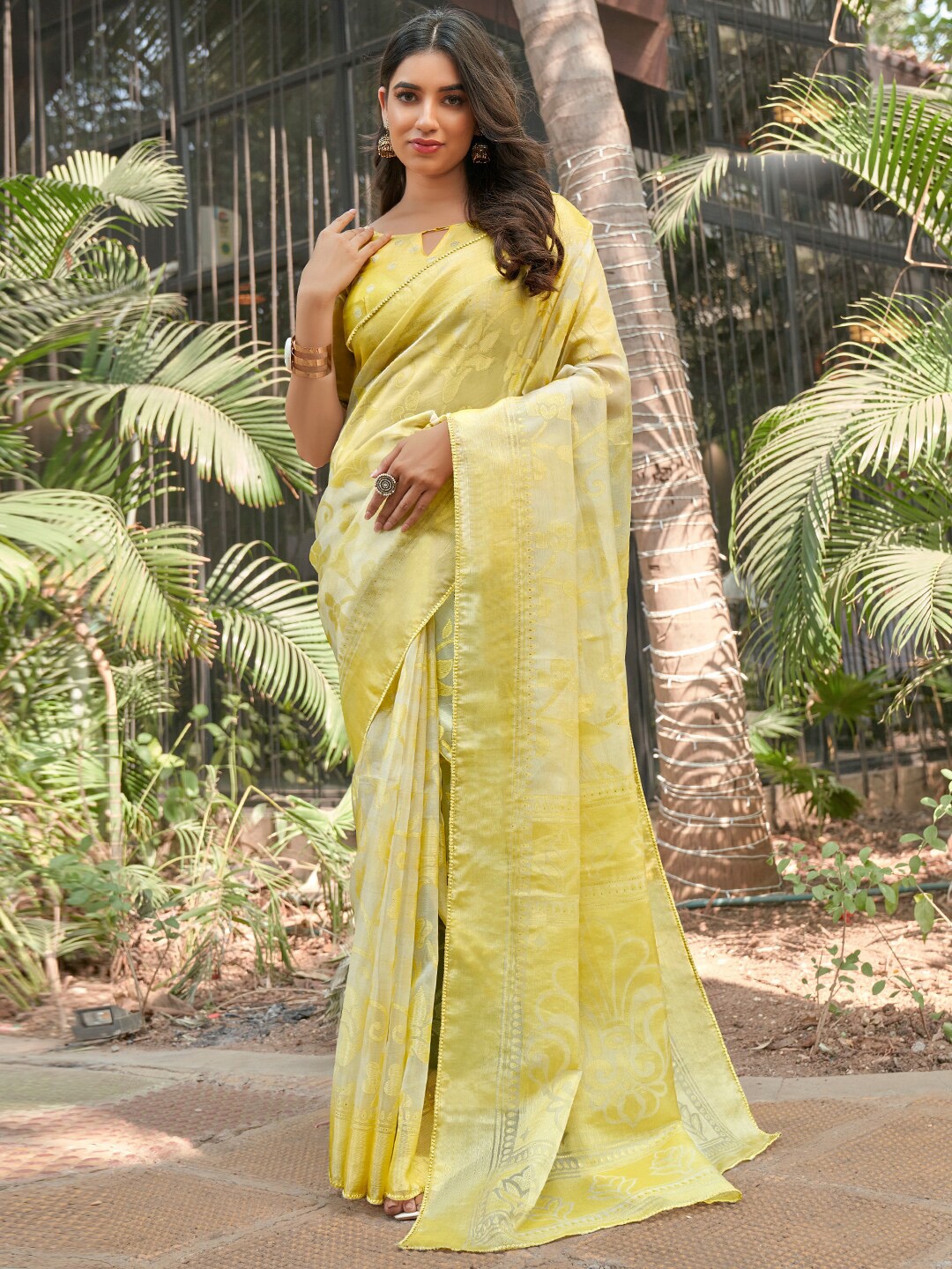 

SANSKAR Floral Woven Design Saree, Yellow