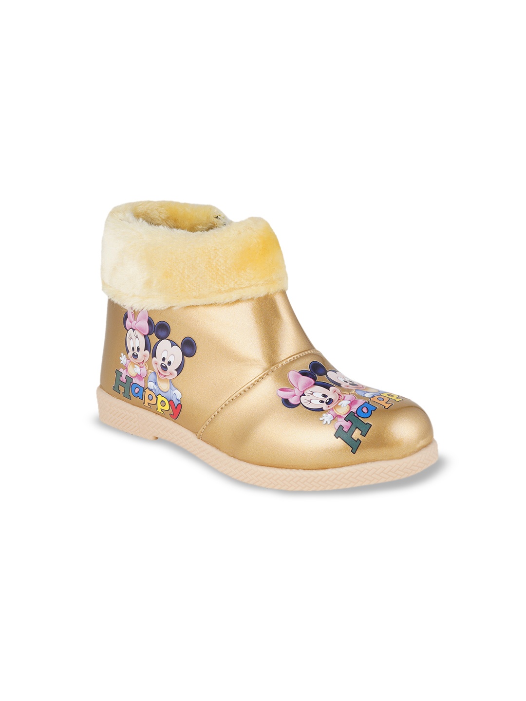 

BAESD Girls Mickey & Friends Printed Faux Fur Trim Flexible Anti-Slip Mid-Top Winter Boots, Gold