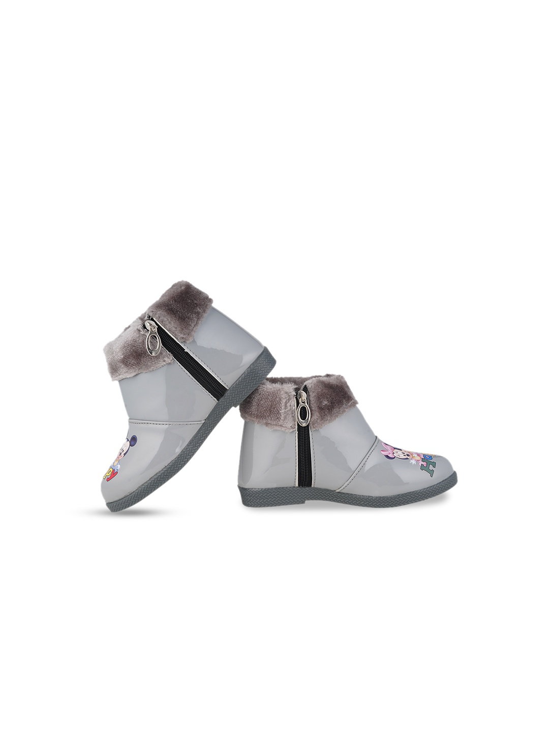

BAESD Girls Mickey & Friends Printed Faux Fur Trim Flexible Anti-Slip Mid-Top Winter Boots, Grey