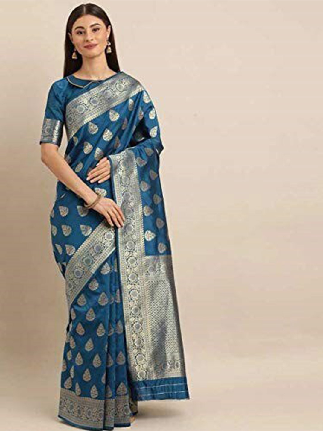 

LIMDO Ethnic Motifs Woven Design Zari Detailed Pure Silk Banarasi Saree, Teal