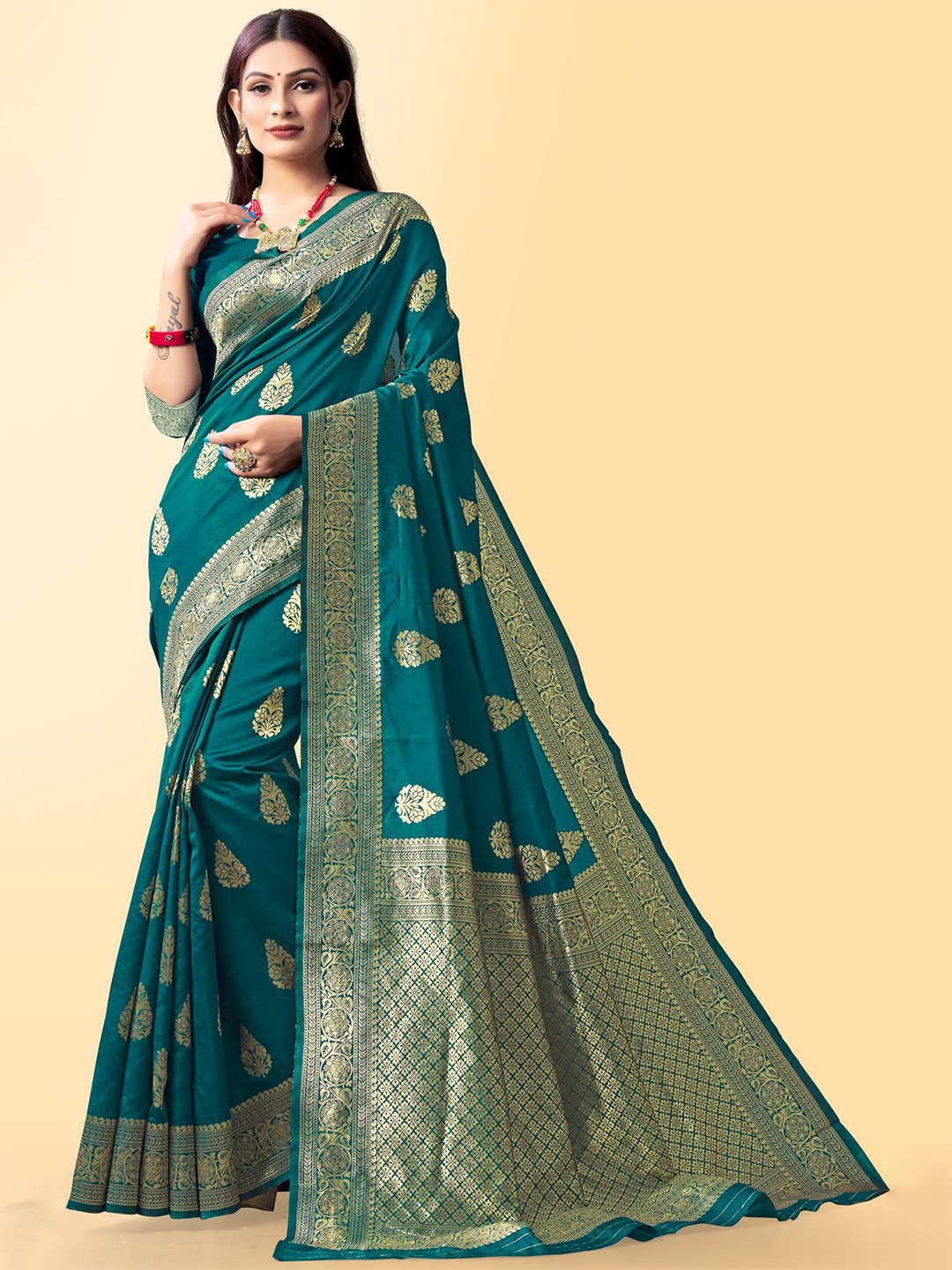 

LIMDO Ethnic Motifs Woven Design Zari Pure Silk Banarasi Saree, Teal
