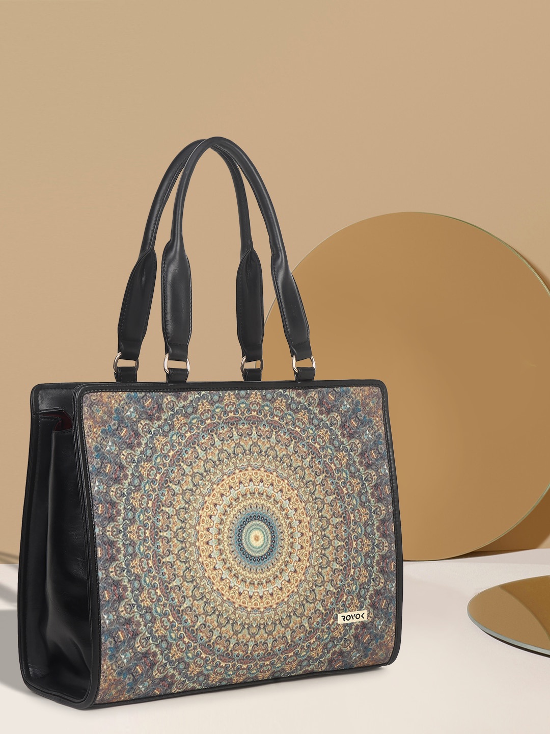 

ROVOK Ethnic Motifs Printed Zip Detail Vegan Leather Handheld Bag, Black