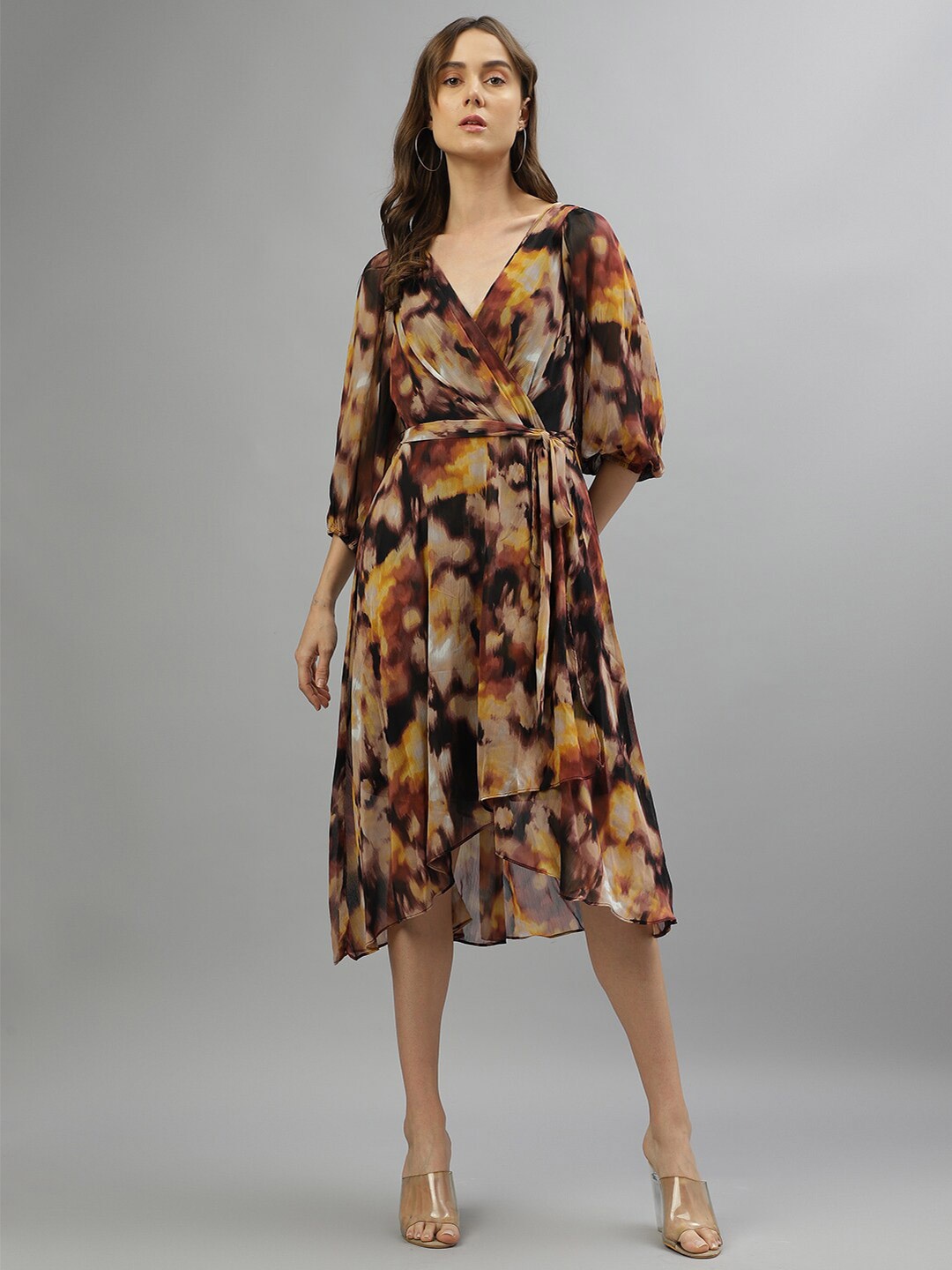 

DKNY Abstract Printed V-Neck Puff Sleeves Wrap Midi Dress, Brown