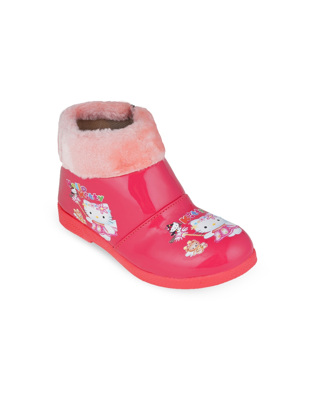 

BAESD Girls Hello Kitty Printed Faux Fur Trim Flexible Anti-Slip Sole Mid-Top Winter Boots, Pink