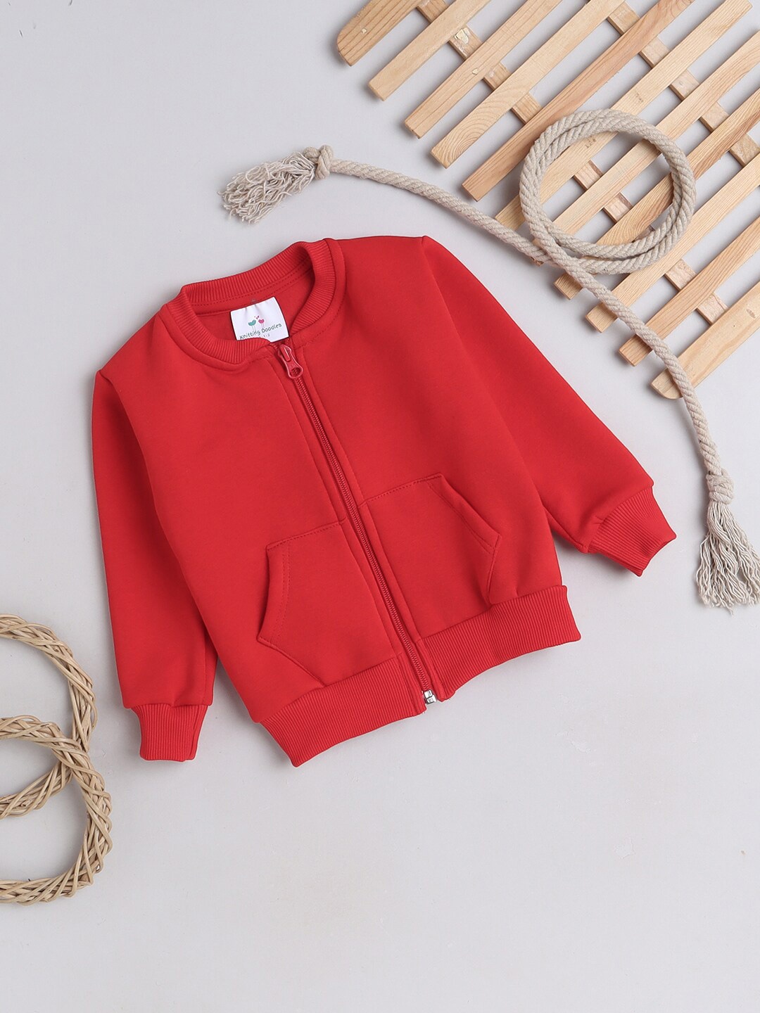 

Knitting Doodles Kids Long Sleeves Fleece Front-Open Sweatshirt, Red