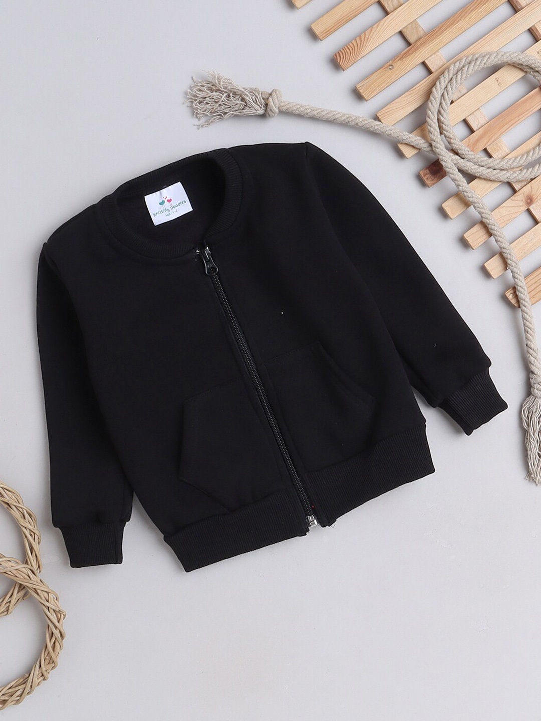 

Knitting Doodles Kids Long Sleeves Henley Neck Fleece Front Open Sweatshirt, Black
