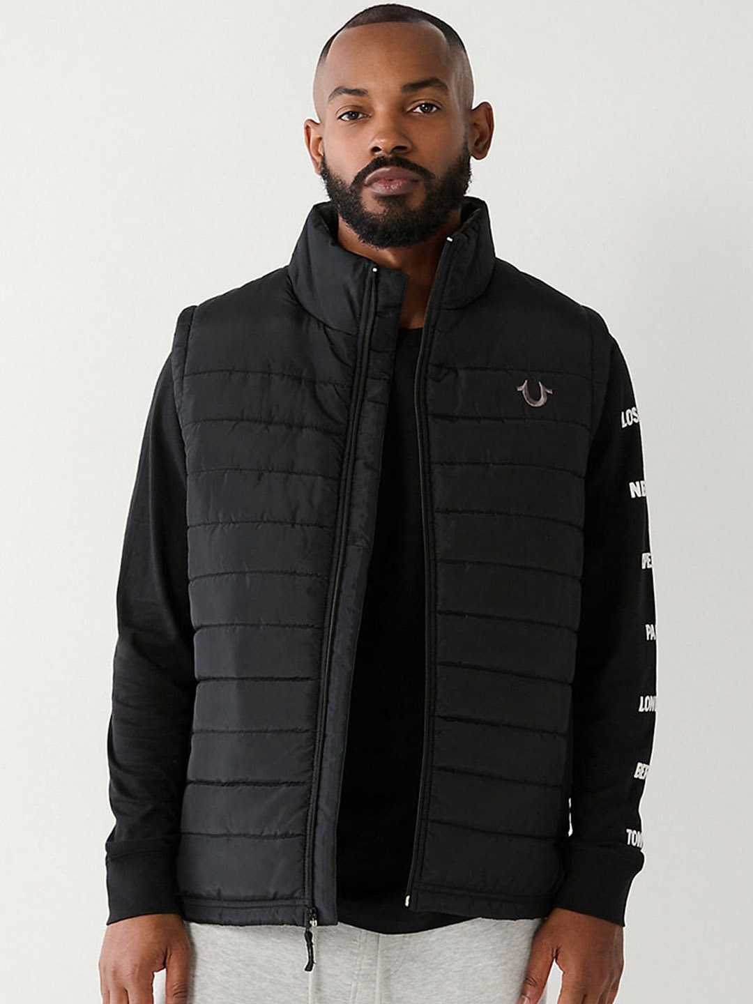 

True Religion Mock Collar Sleeveless Zip Detail Puffer Jacket, Black