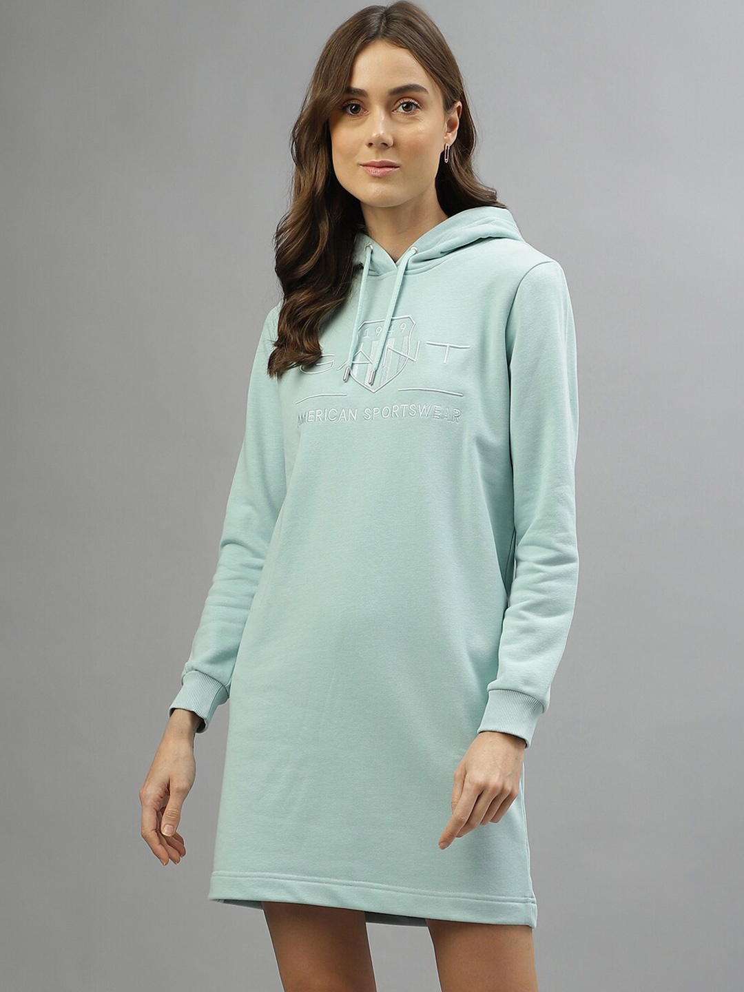 

GANT Hooded Tie-Ups Cotton A-Line Dress, Turquoise blue