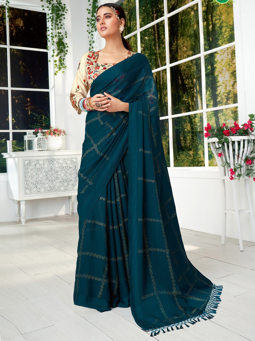 

SANSKAR Checked Printed Pure Chiffon Saree, Blue