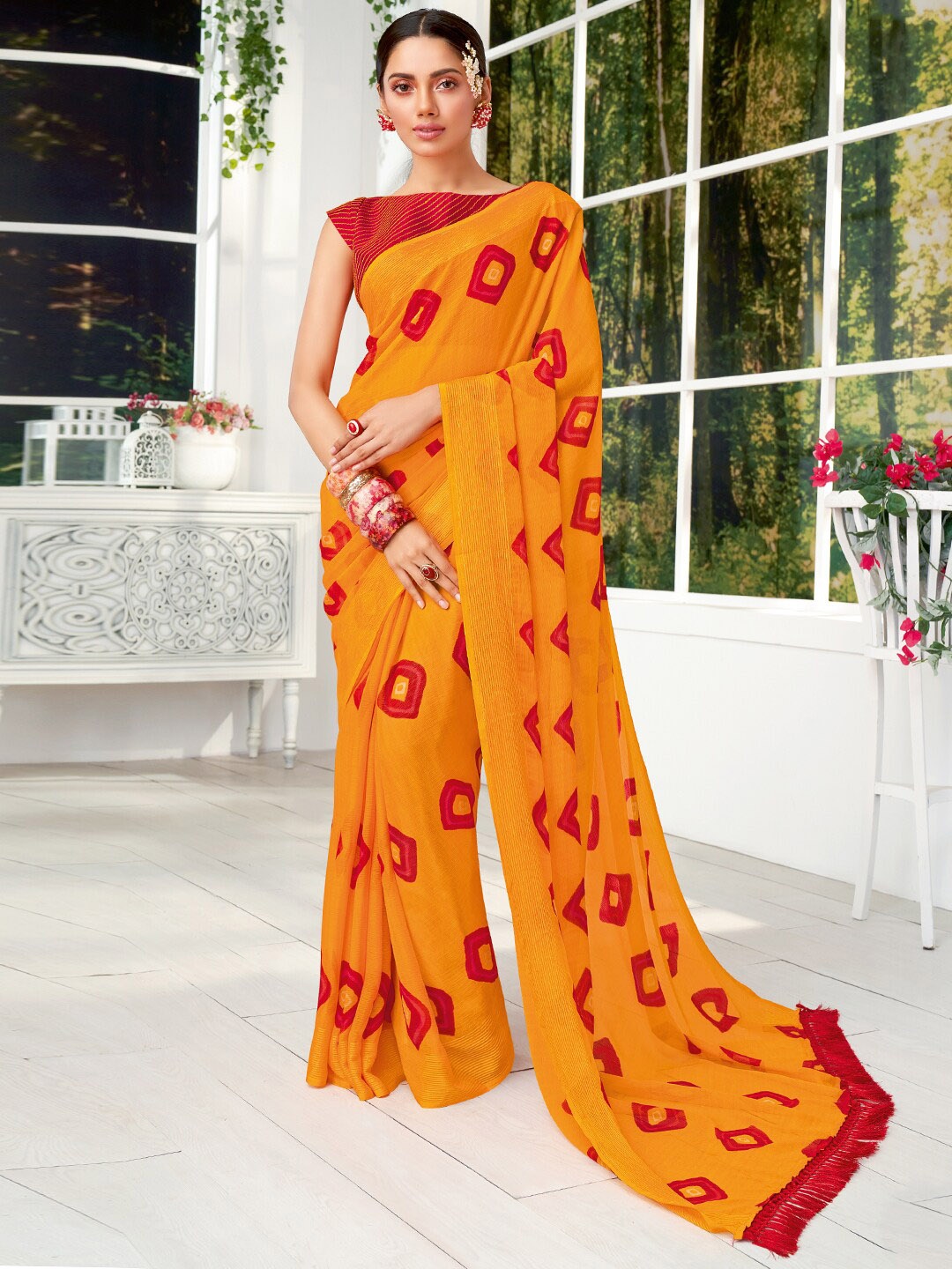 

SANSKAR Bandhani Printed Pure Chiffon Saree, Yellow