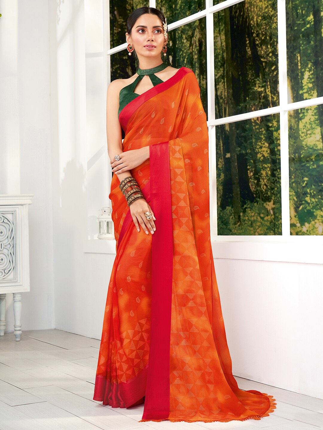 

SANSKAR Paisley Printed Pure Chiffon Saree, Orange