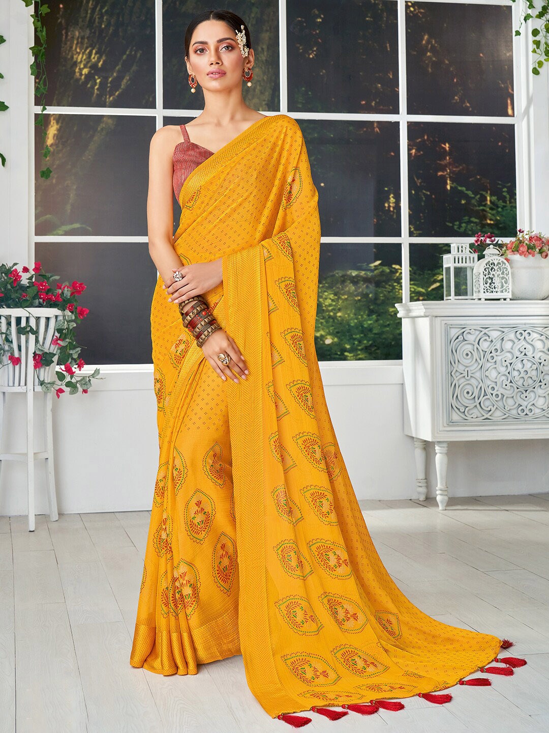 

SANSKAR Ethnic Motifs Printed Pure Chiffon Saree, Yellow