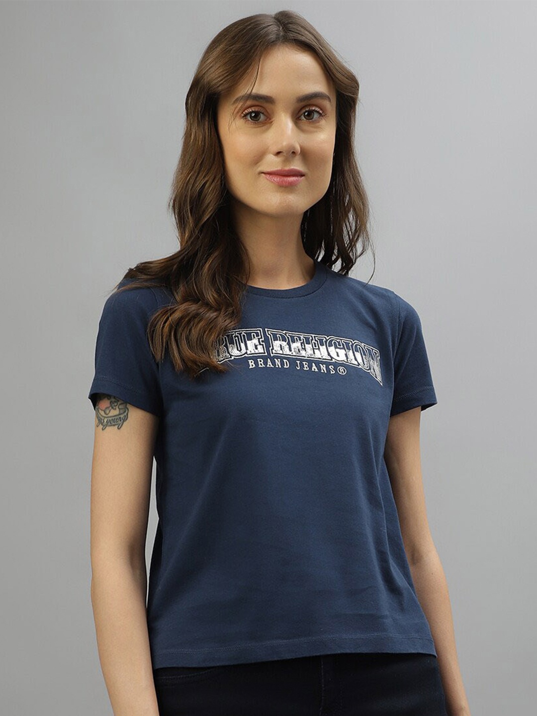 

True Religion Typography Printed Round Neck Pure Cotton T-shirt, Navy blue