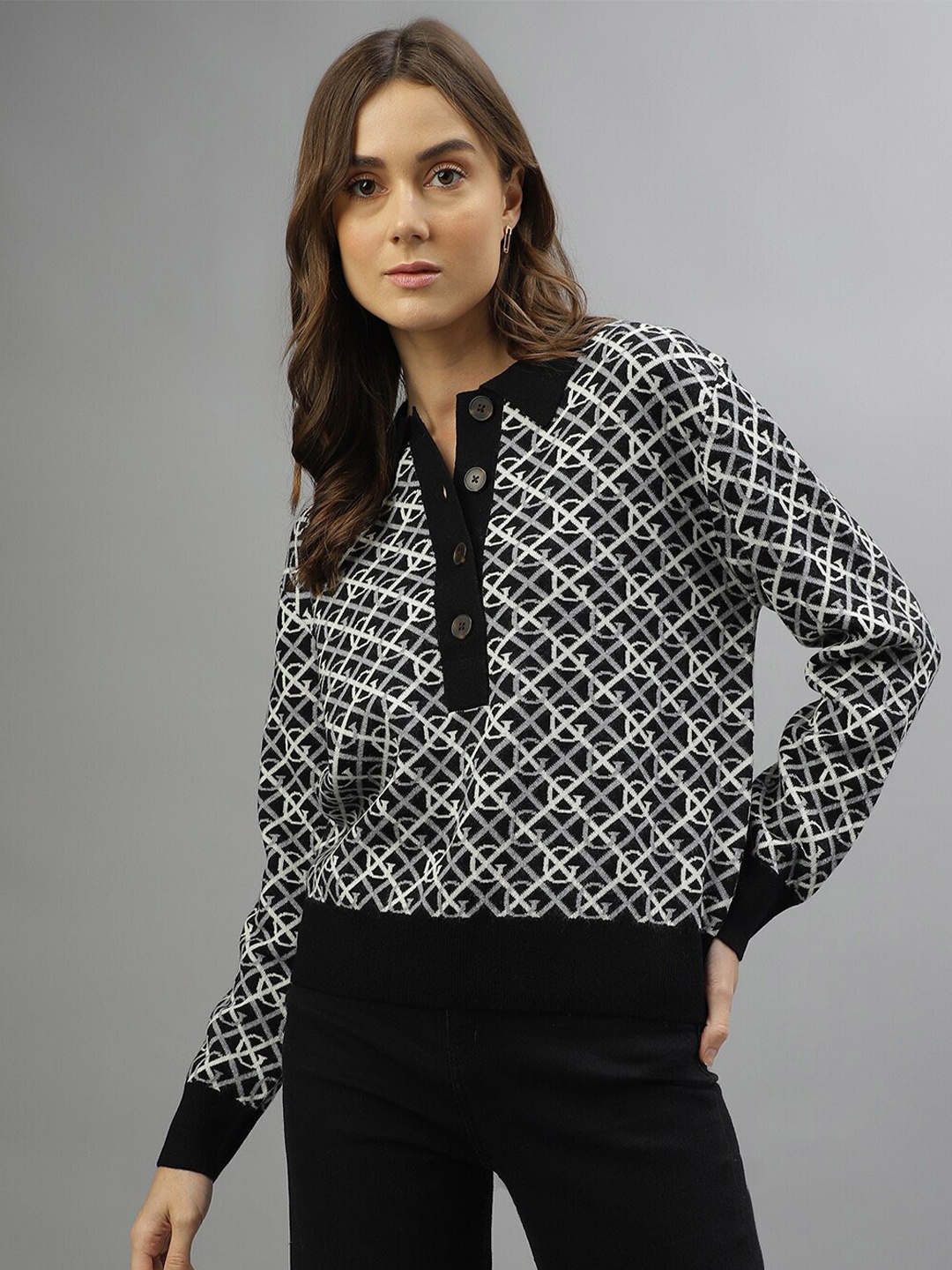 

GANT Brand Logo Printed Shirt Collar Woollen Pullover Sweater, Black