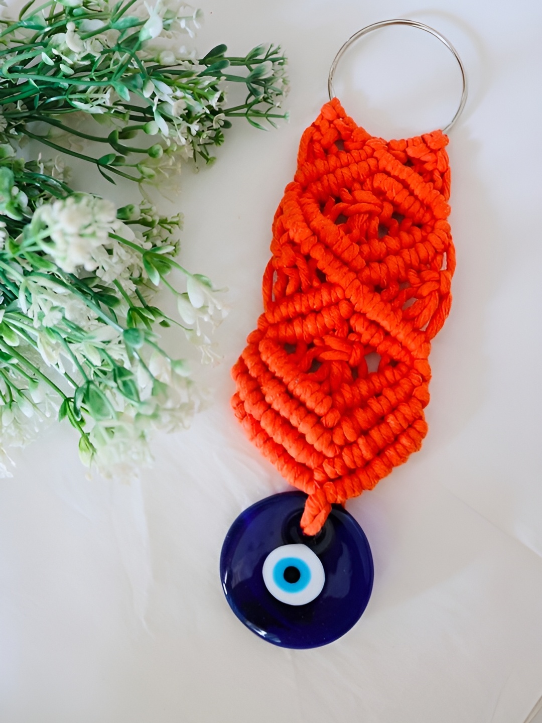 

Classy Tulip Orange-Coloured & White Patterned Fabric Evil Eye Wall Hanging