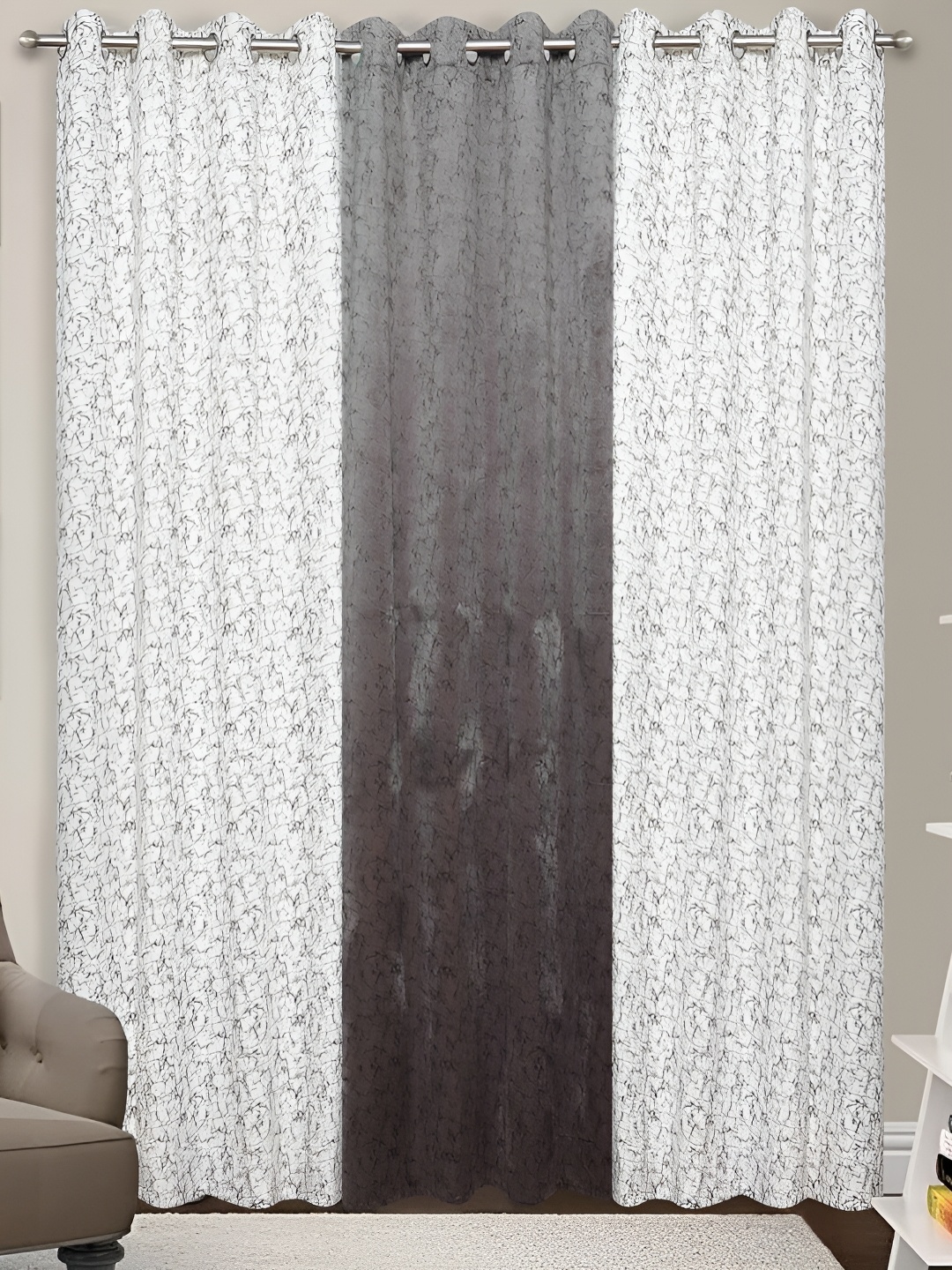 

Kraftiq Homes White Set of 3 Pieces Eyelet Abstract Room Darkening Door Curtains