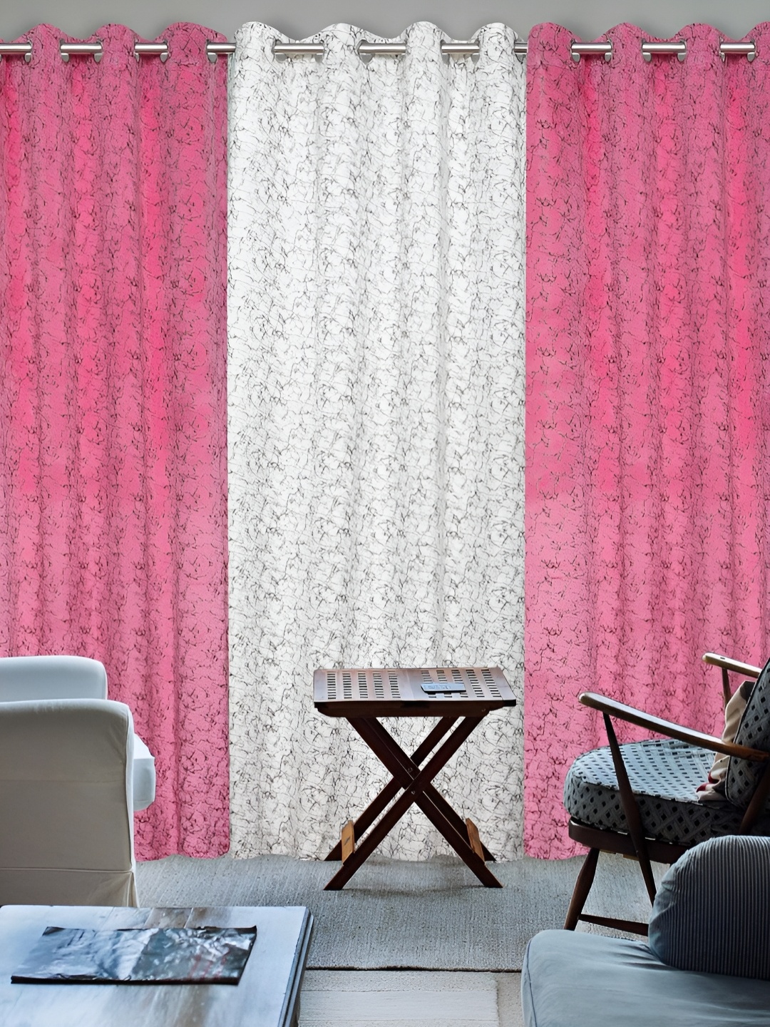 

Kraftiq Homes Pink & White 3 Pieces Eyelet Abstract Room Darkening Door Curtains