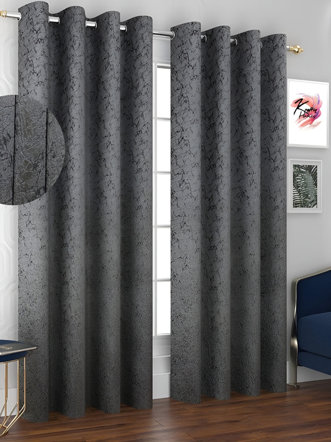 

Kraftiq Homes Grey 2 Pieces Abstract Printed Room Darkening Long Door Curtains