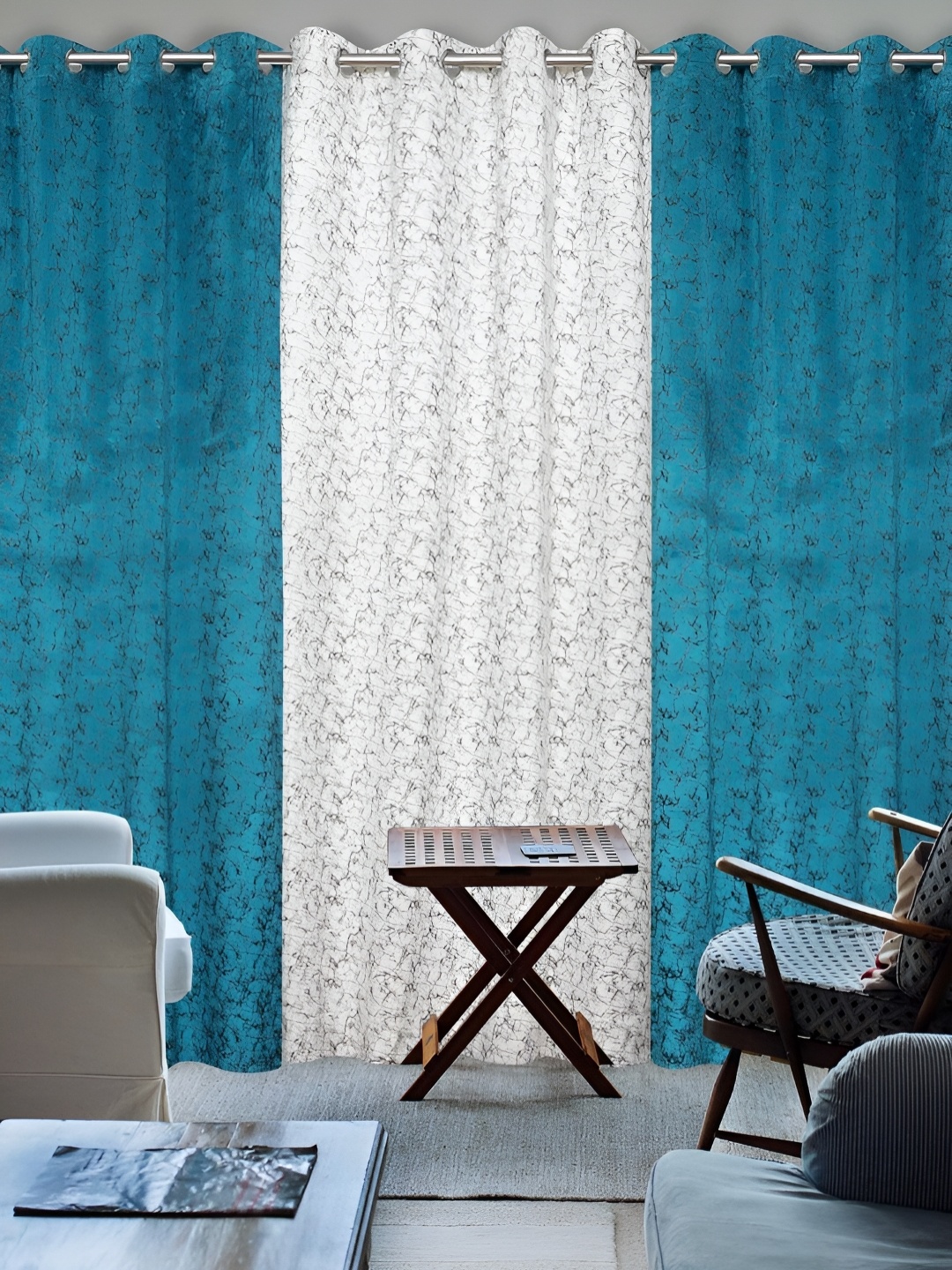 

Kraftiq Homes Blue & White 3 Pieces Velvet Room Darkening Window Curtain