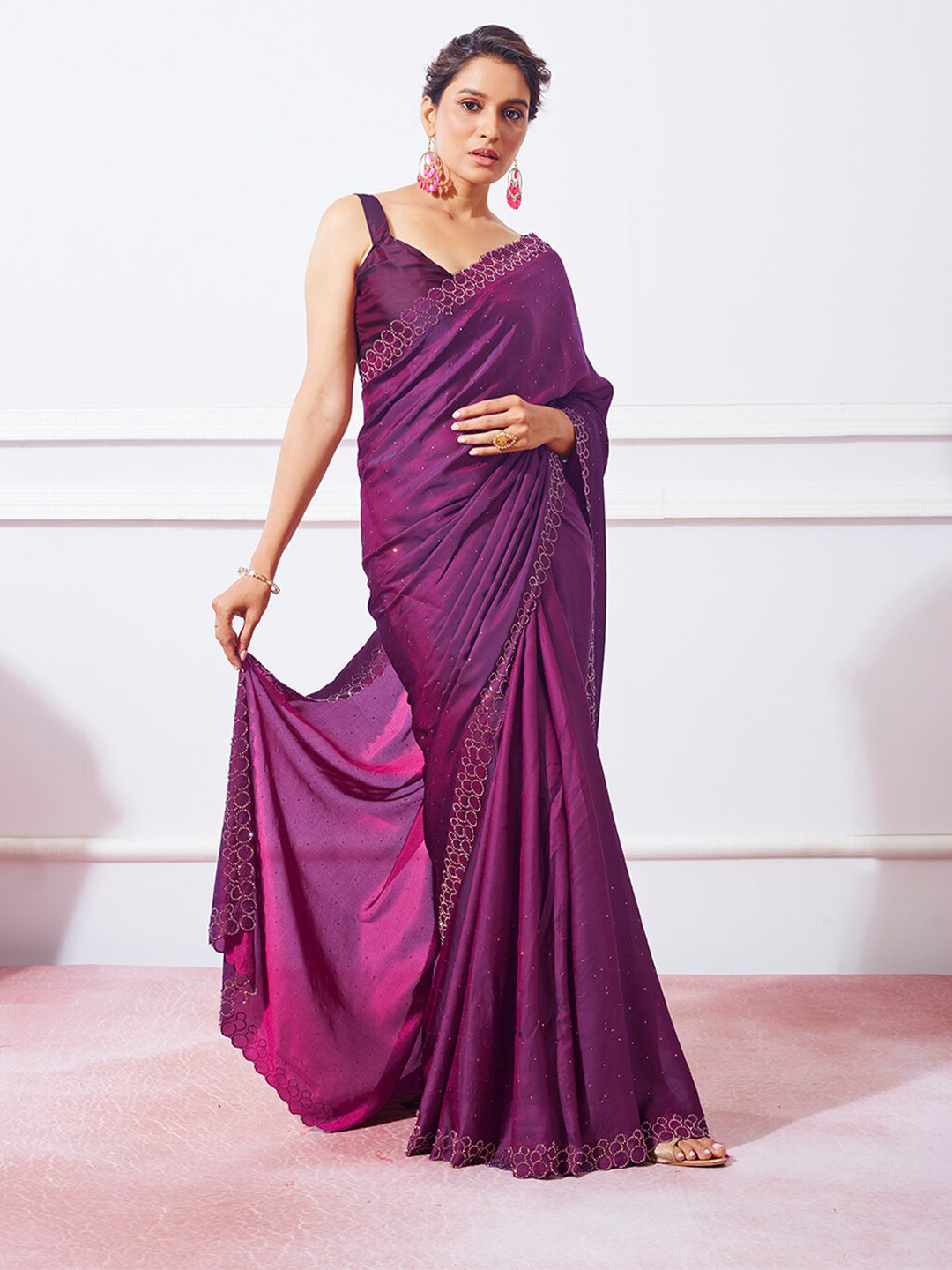 

Mitera Purple Embellished Beads and Stones Satin Saree