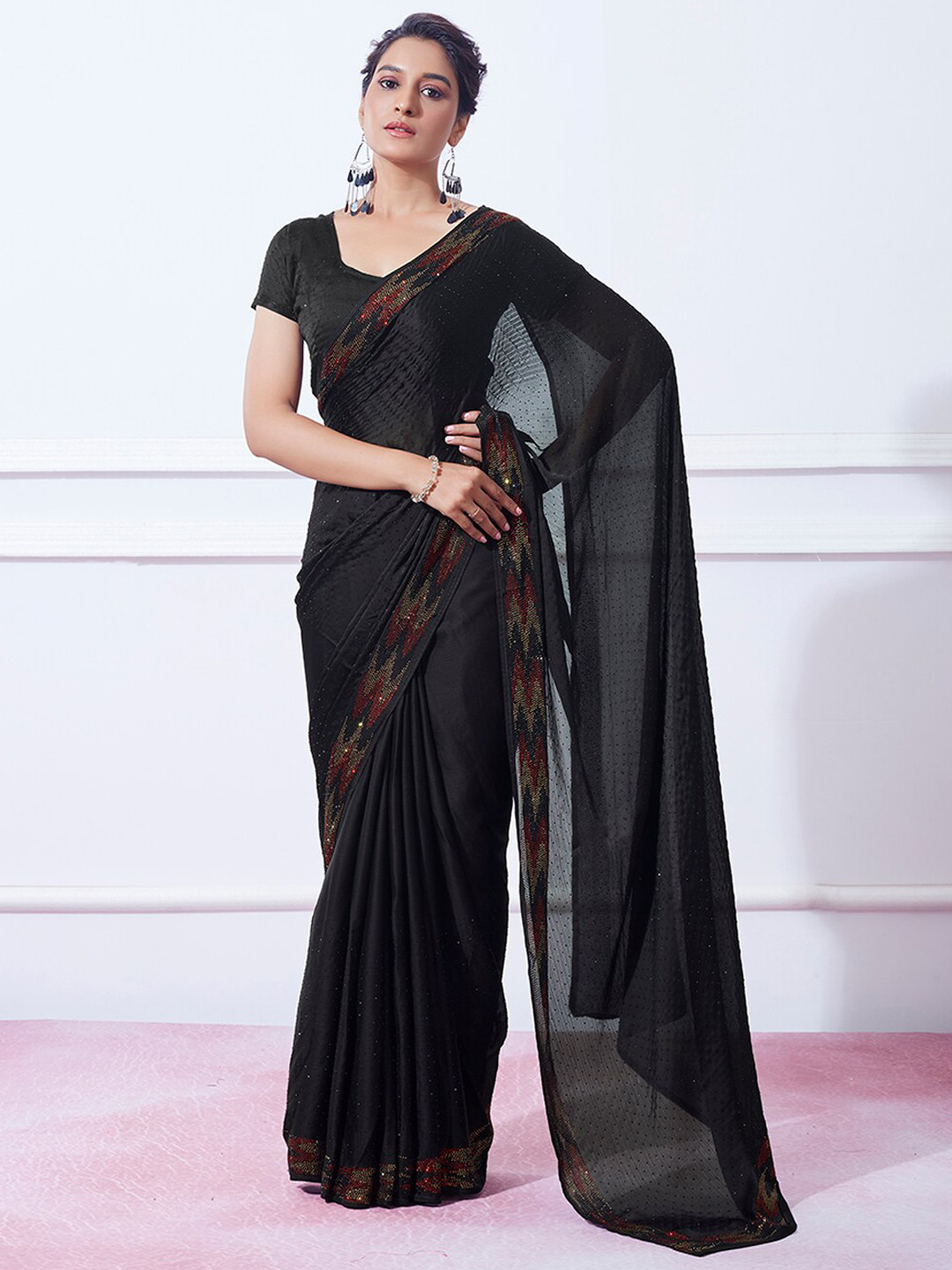 

Mitera Black Beads & Stones Embellished Pure Georgette Saree