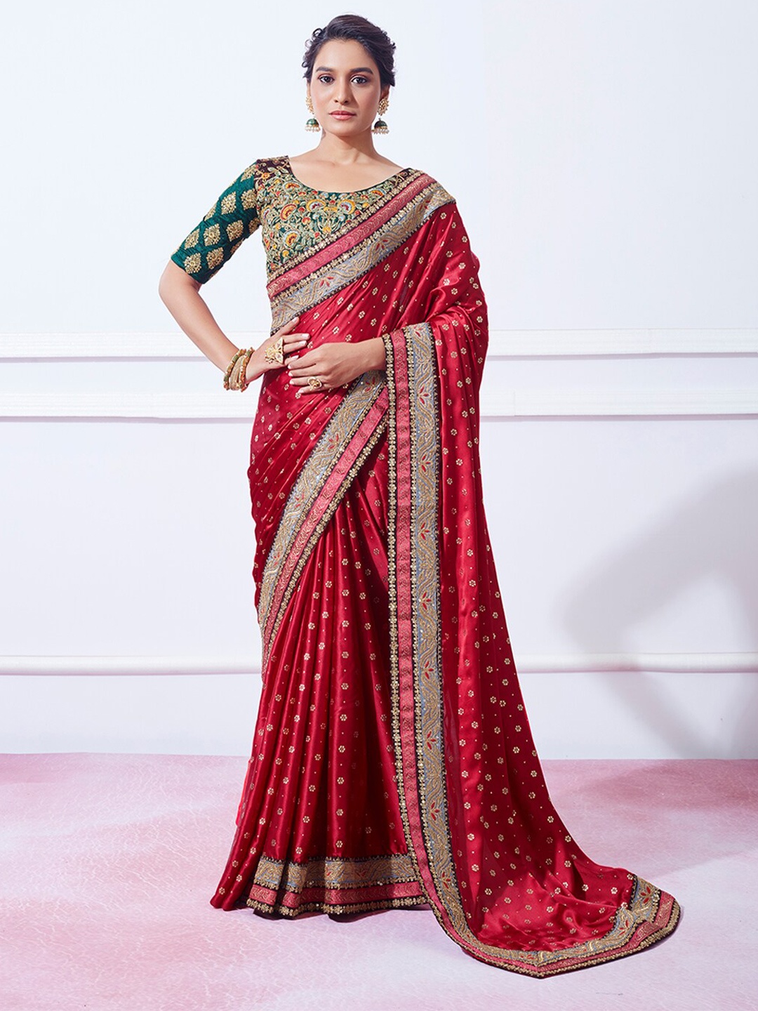 

Mitera Red & Gold Toned Floral Embroidered Sequinned Saree