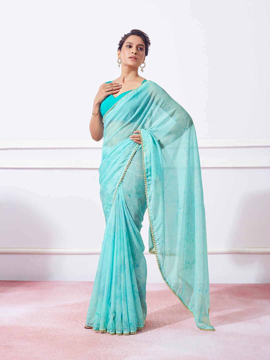 

Mitera Blue Tie & Dye Dyed Beads & Stones Organza Saree