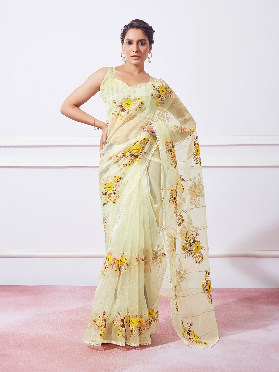 

Mitera Yellow Floral Embroidered Organza Saree