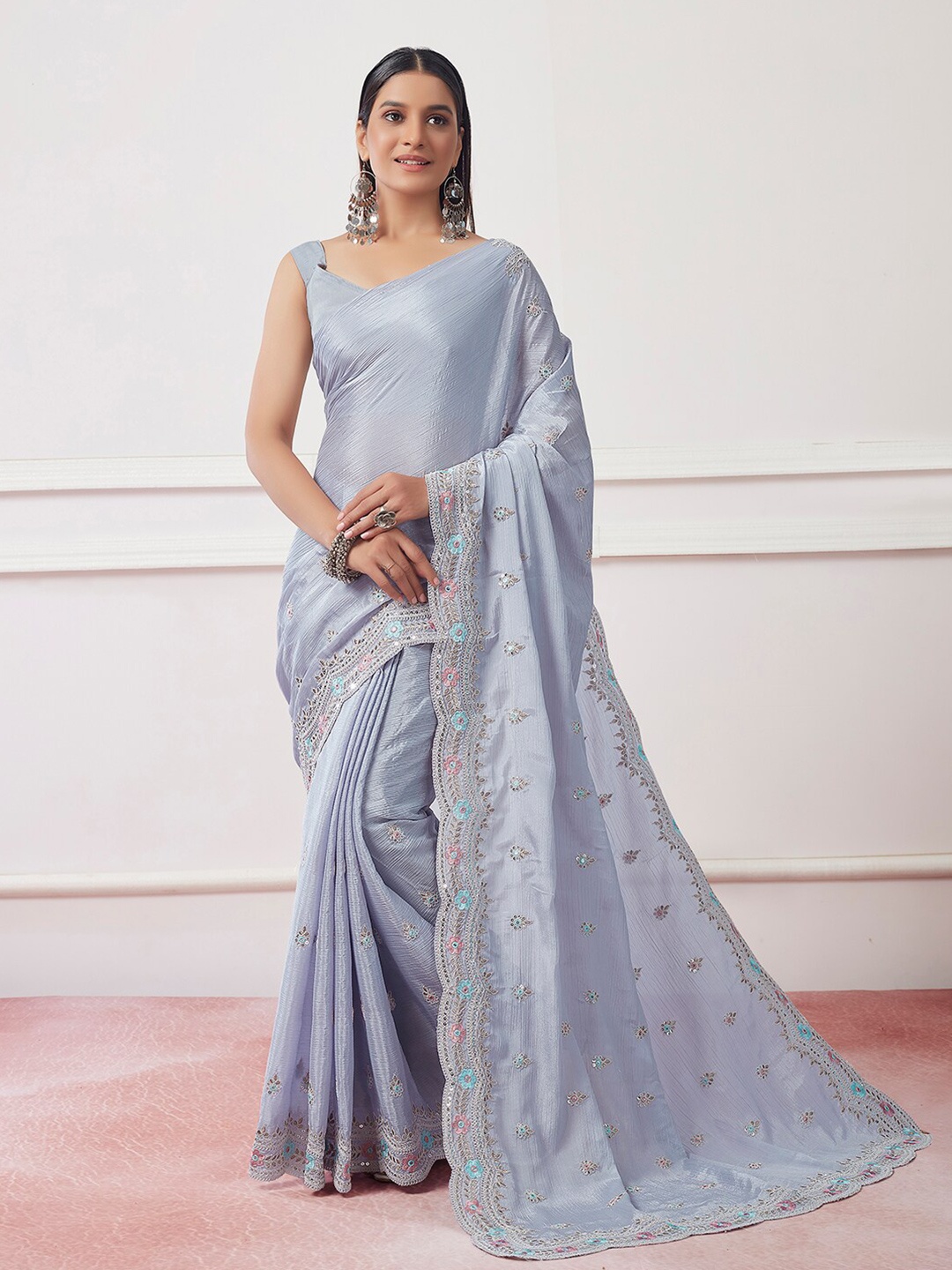 

Mitera Grey Ethnic Motifs Embroidered Embellished Pure Chiffon Saree