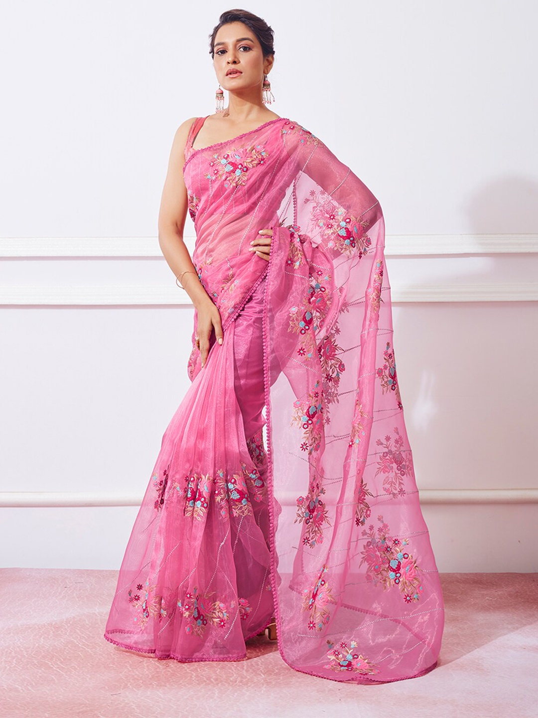 

Mitera Pink Floral Embroidered Organza Saree