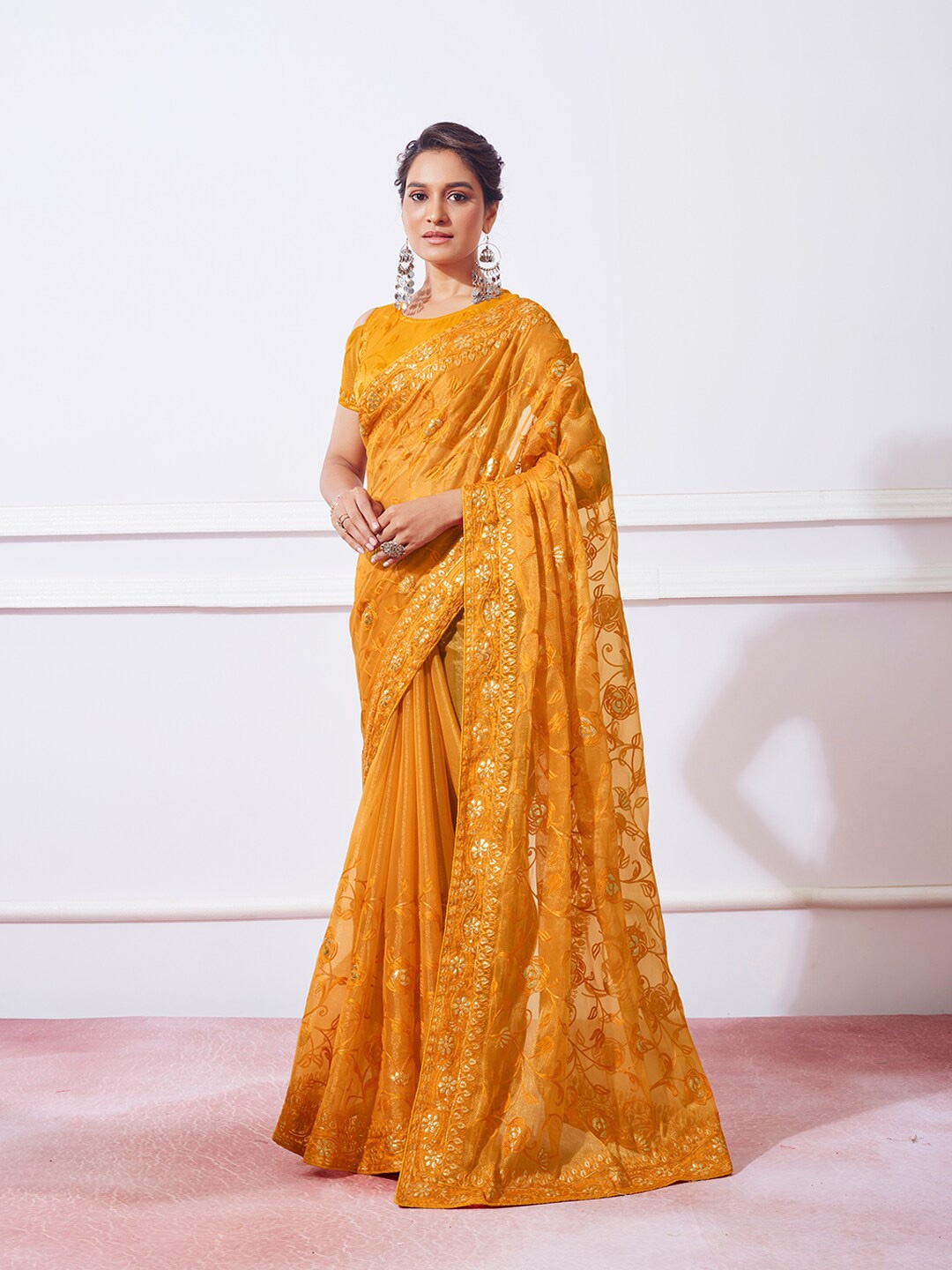 

Mitera Mustard Yellow Floral Embroidered Organza Saree